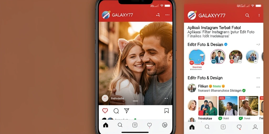Tampilan antarmuka GALAXY77 dengan berbagai filter Instagram yang menarik.